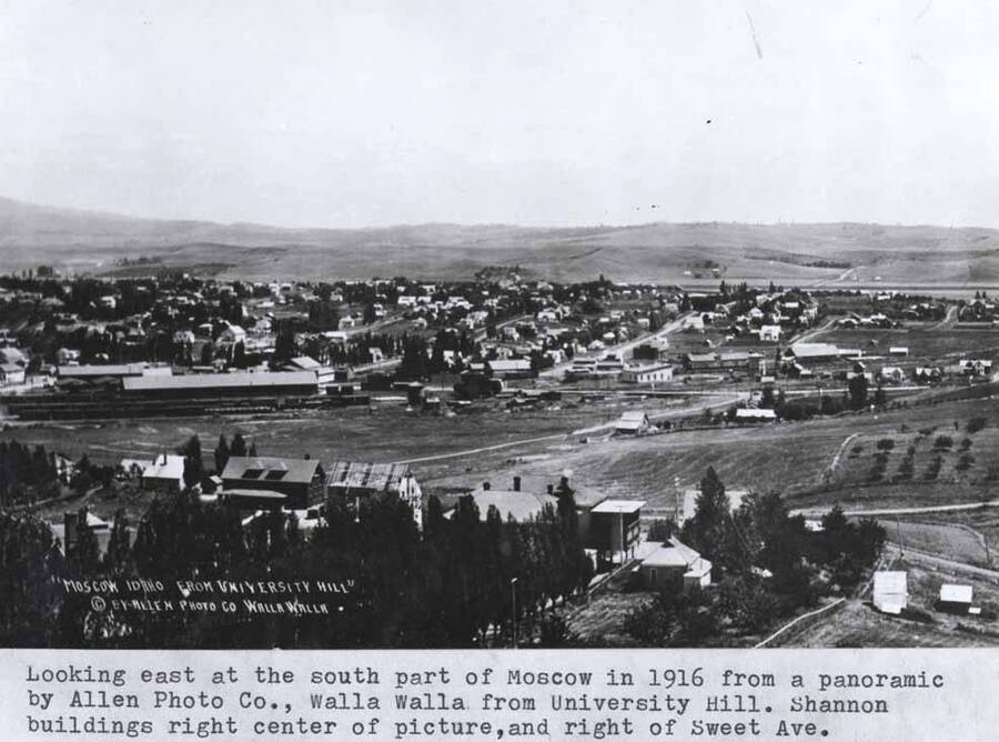 From a panoramic by Allen Photo Co., Moscow Idaho from University Hill. Shannon buildings right center of picture and right of Sweet Avenue.