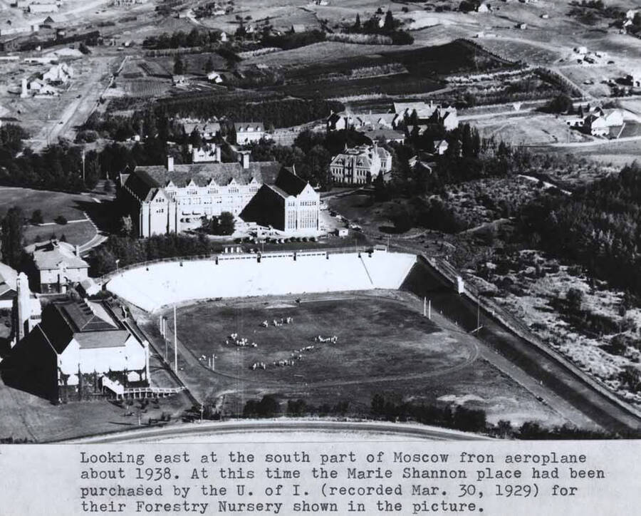 From aeroplane about 1938. At this time the Marie Shannon place had been purchased by the University of Idaho (recorded March 30, 1929) for their Forestry Nursery shown in the picture.