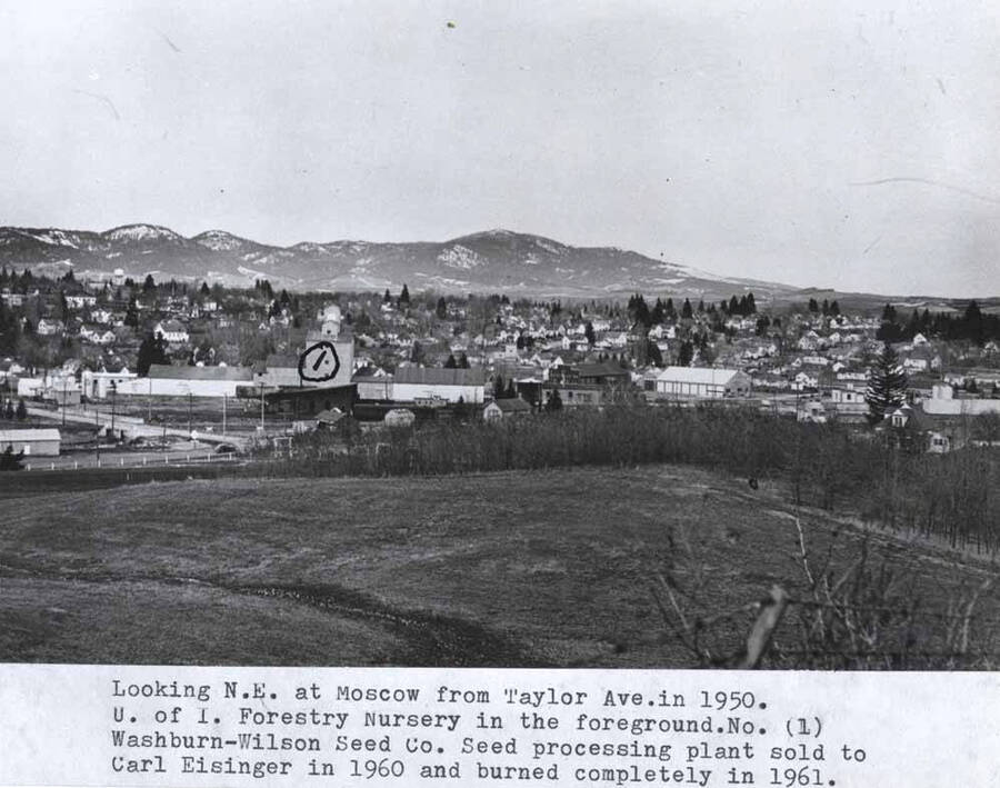 University of Idaho Forestry Nursery in the foreground. No. (1) Washburn-Wilson Seed Company seed processing plant sold to Carl Eisinger in 1960 and burned completely in 1961.