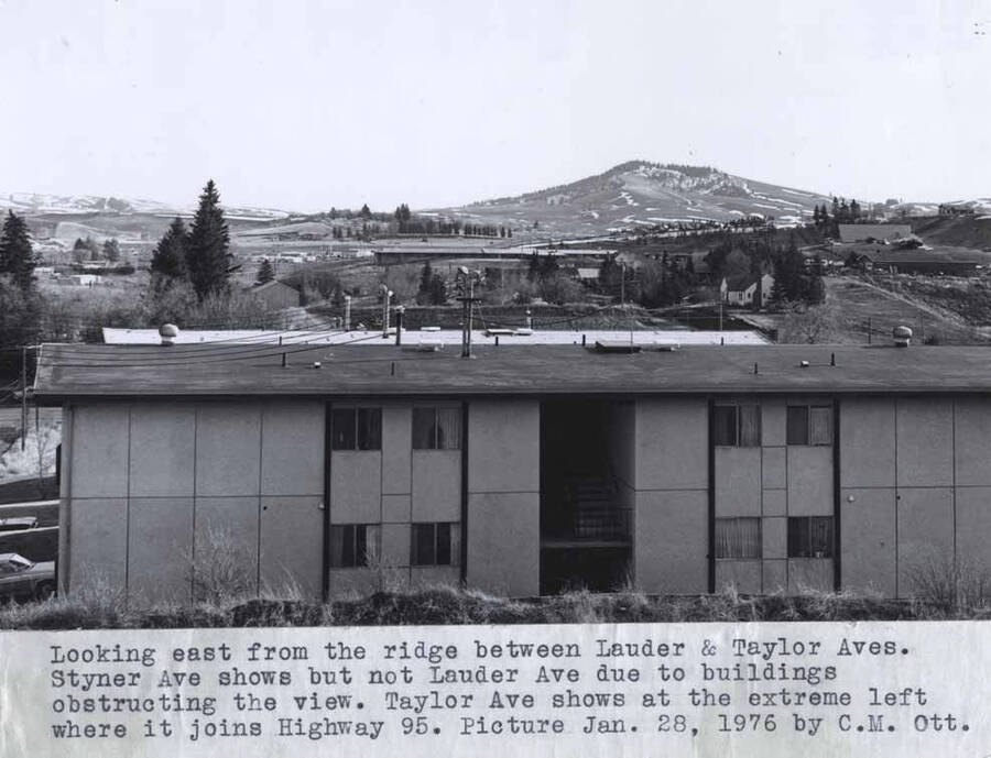 Styner Avenue shows but not Lauder due to buildings obstructing the view. Taylor Avenue shows at the extreme left where it joins Highway 95. Picture January 28, 1976 by Clifford M. Ott.