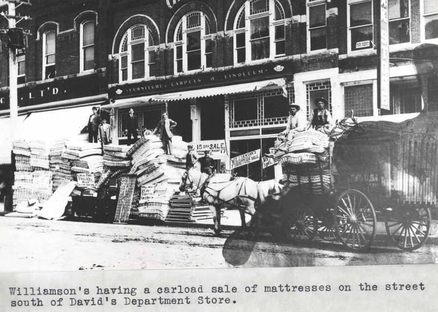 Williamson's having a carload sale of mattresses on the street south of Davids' Department Store. Moscow.