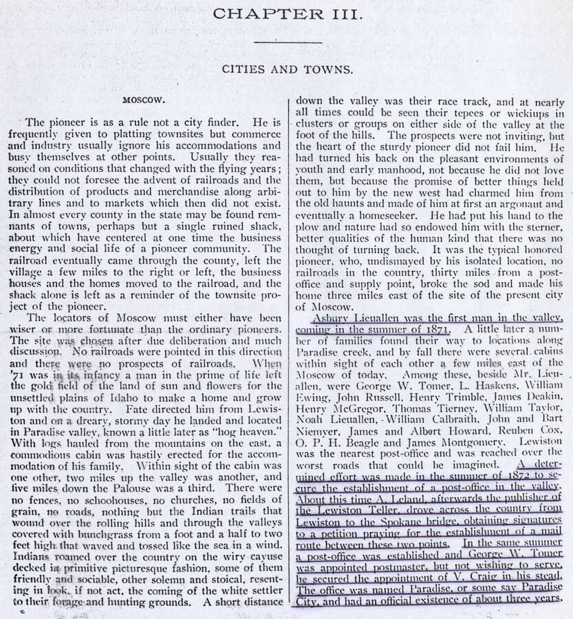 Photocopy of an article outlining the establishment of the Moscow post office. Text regarding establishment of post office is underlined