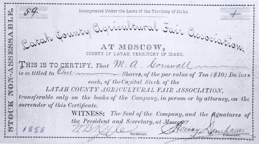 Photo of stock certificate for a share in the Latah County Agricultural Fair Association.