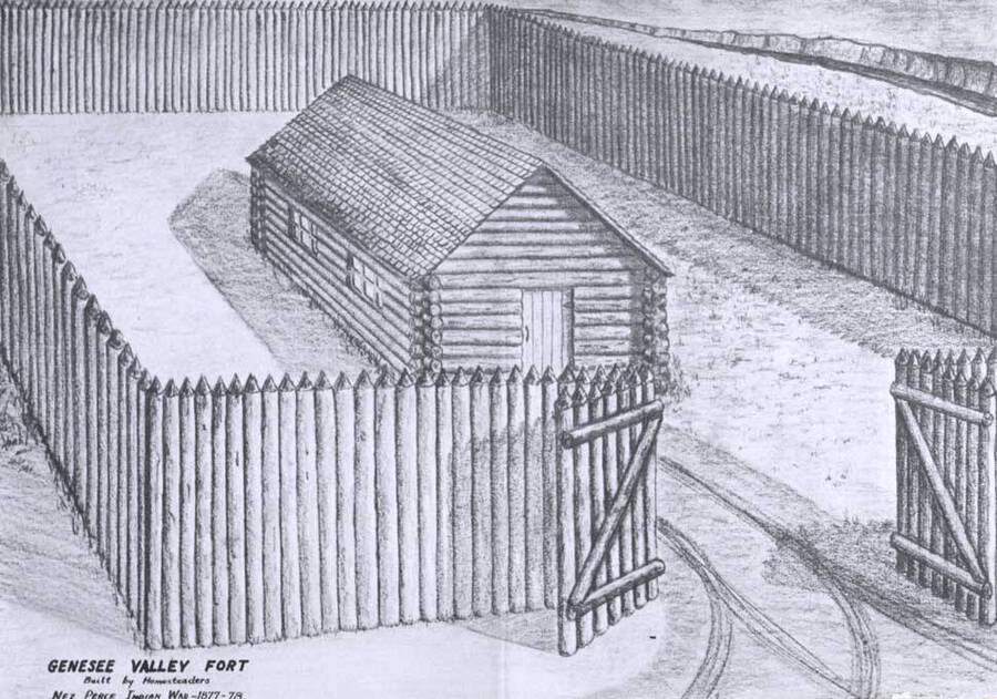 Wording on photo: "Genesee Valley Fort built by homesteaders Nez Perce Indian War 1877-78."