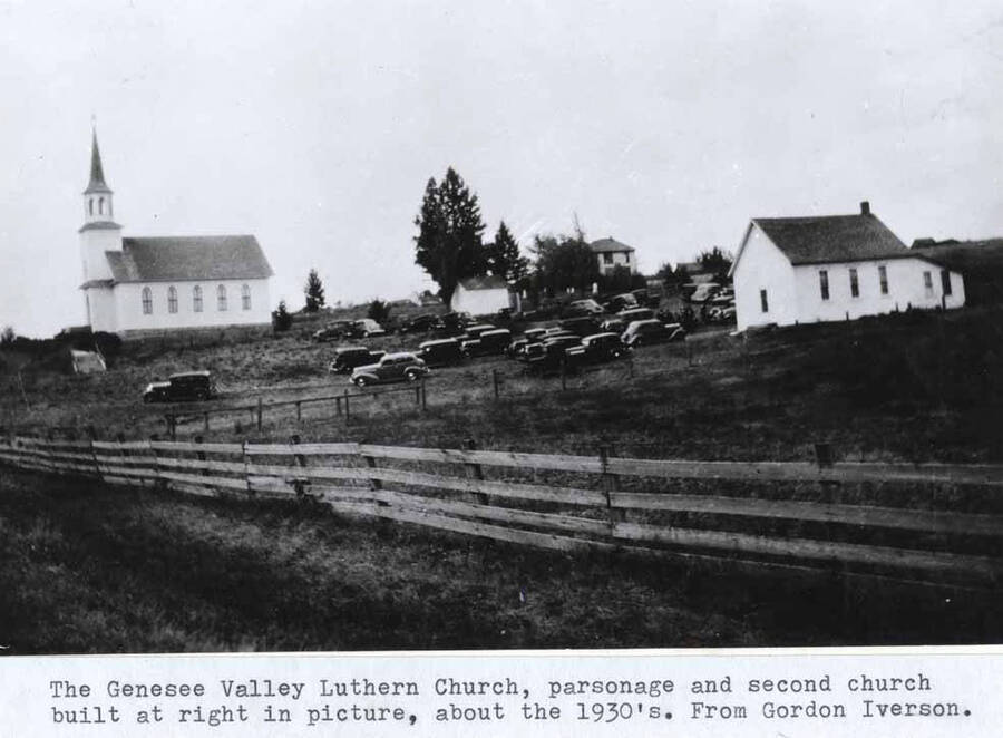 The Genesee Valley Lutheran Church, parsonage and second church built at right in picture, about the 1930s. From Gordon Iverson.