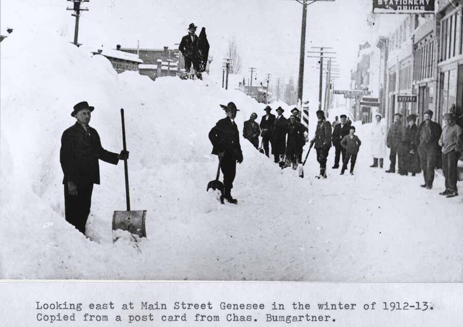 Looking east at Main Street Genesee in the winter of 1912-13. Copied from a postcard from Charles Bumgartner.
