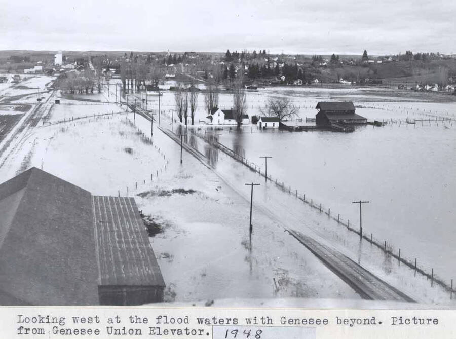 Picture from Genesee Union elevator showing flood waters across the Palouse region, circa 1948.