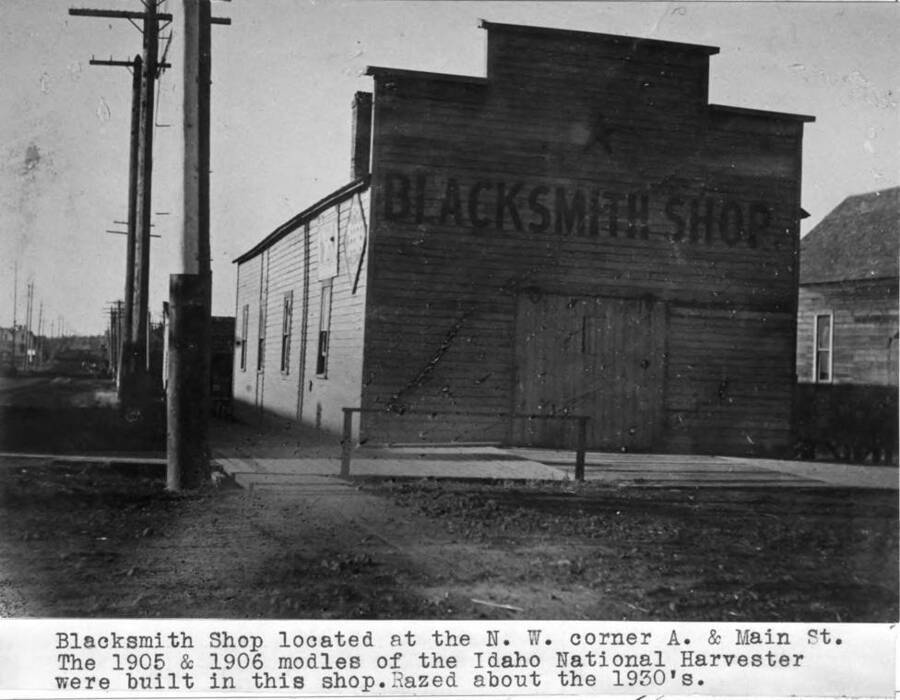 Located at the northwest corner of A and Main streets. 1905 and 1906 models of the Idaho National Harvester were built in this shop. Razed about in the 1930s.