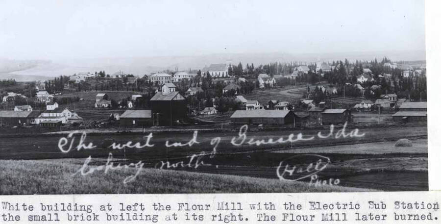 White building at left the flour mill with the electric sub station the small brick building at its right. The flour mill later burned. Wording on photo: 'The west end of Genesee Ida looking north. Hall Photo'.