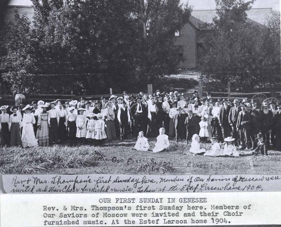 Wording on photo: "Rev. & Mrs. Thompson's first Sunday here. Members of Our Saviors of Moscow were invited and their Choir furnished music. Taken at the Estef Larson home 1904."