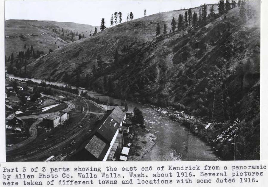 Part 3 of 3 parts showing the east end of Kendrick from a panoramic by Allen Photo Co. Walla Walla, Wash. about 1916. Several pictures were taken of different towns and locations with some dated 1916.