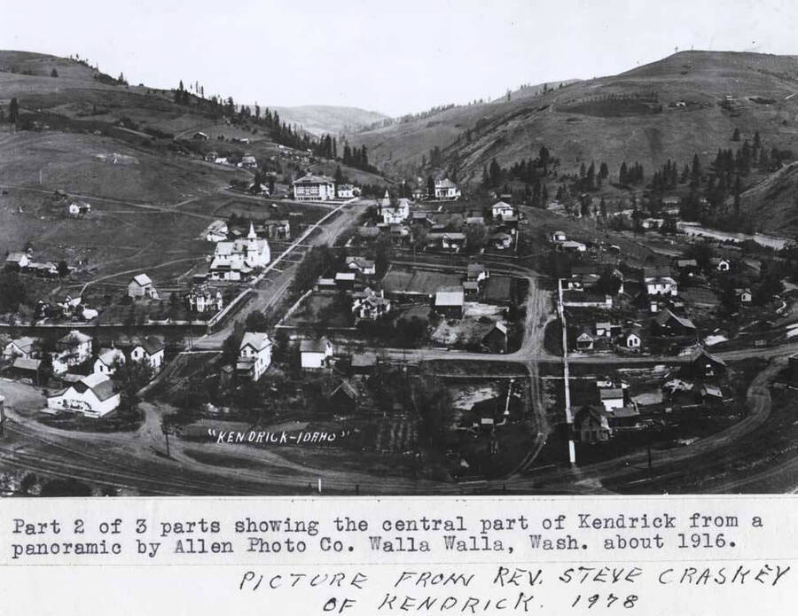 Part 2 of 3 parts showing the central part of Kendrick from a panoramic by Allen Photo Co. Walla Walla, Wash. about 1916. Picture from Rev. Steve Craskey of Kendrick. 1978.