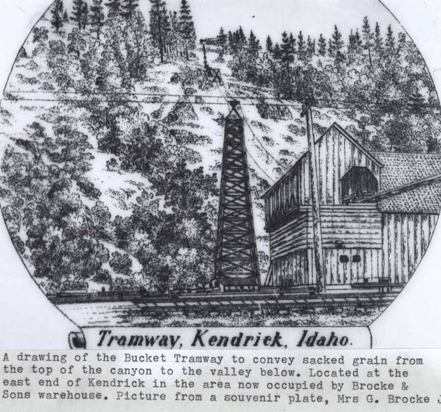 A drawing of the bucket tramway to convey sacked grain from the top of the canyon to the valley below. Located at the east end of Kendrick in the area now occupied by Brocke and Sons warehouse. Picture from a souvenir plate, Mr. G. Brocke, Jr. Wording on image: 'Tramway, Kendrick, Idaho'.