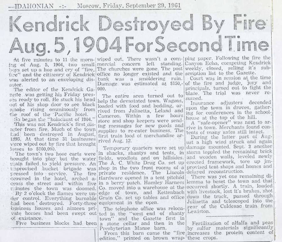 A newspaper article from the Idahonian, September 29, 1961, telling the story of the second major fire the town of Kendrick suffered.