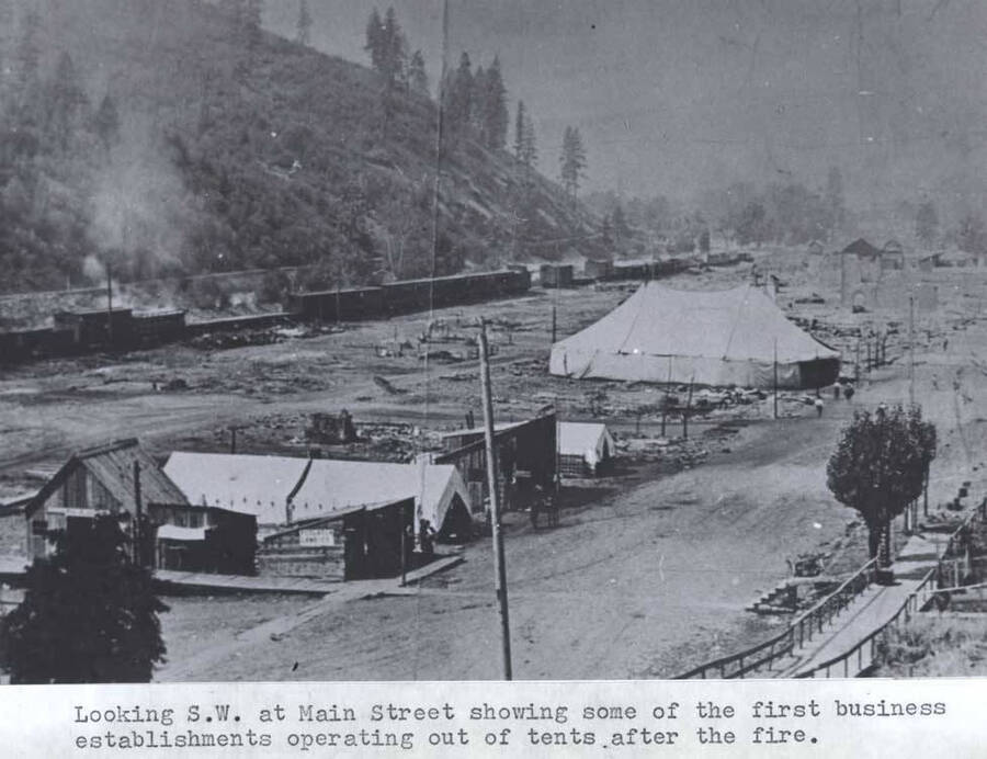 Showing some of the first business establishments operating out of tents after the fire.