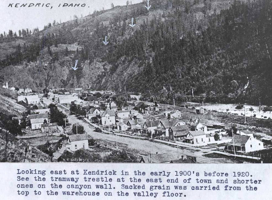 In the early 1900s before 1920. See the tramway trestle at the east end of town and shorter ones on the canyon wall. Sacked grain was carried from the top to the warehouse on the valley floor.