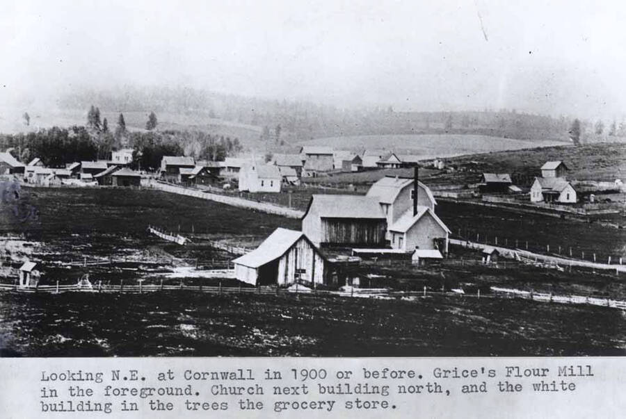 In 1900 or before. Grice's flour mill in the foreground. Church next building north, and the white building in the trees the grocery store.