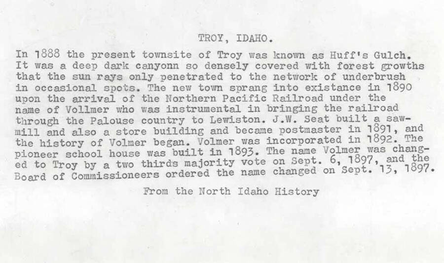 A typed history of the naming of Troy, Idaho.