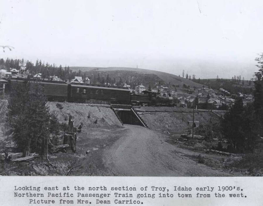 Early 1900s. Northern Pacific [Railroad] passenger train going into town from the west. Picture from Mrs. Dean Carrico.