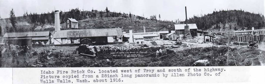 Located west of Troy and south of the highway. Picture copied from 28-inch long panoramic by Allen Photo Co. of Walla Walla, Wash. about 1916.