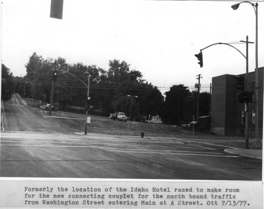 Razed to make room for the new connecting couplet for northbound traffic from Washington Street entering Main Street at A Street. [Photograph by Clifford M.] Ott July 13, 1977.