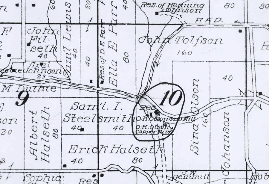 Photo of map section highlighting the Olson sawmill location.