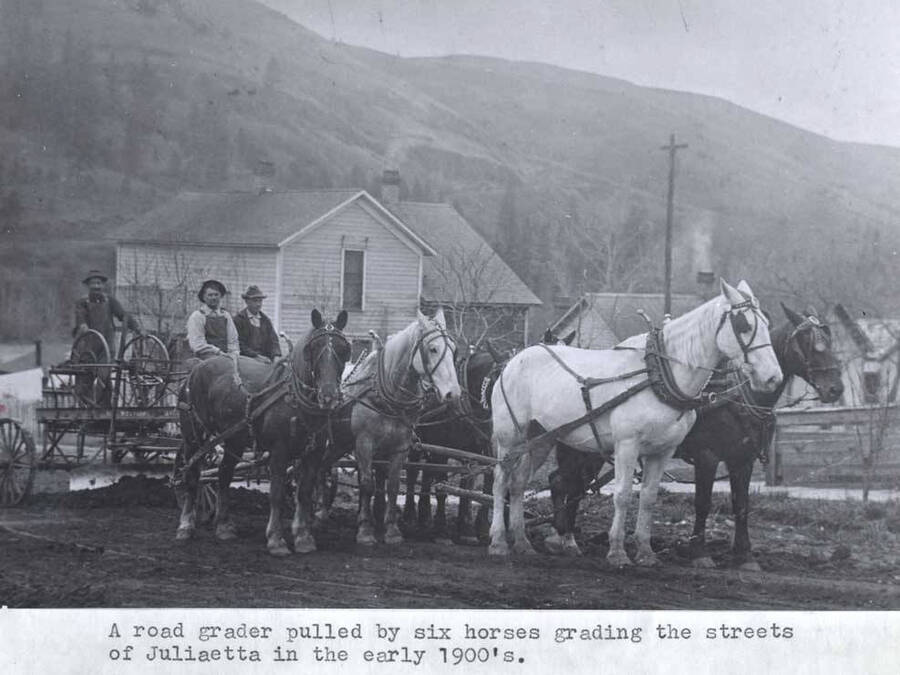 Pulled by six horses grading the streets of Juliaetta in the early 1900s.