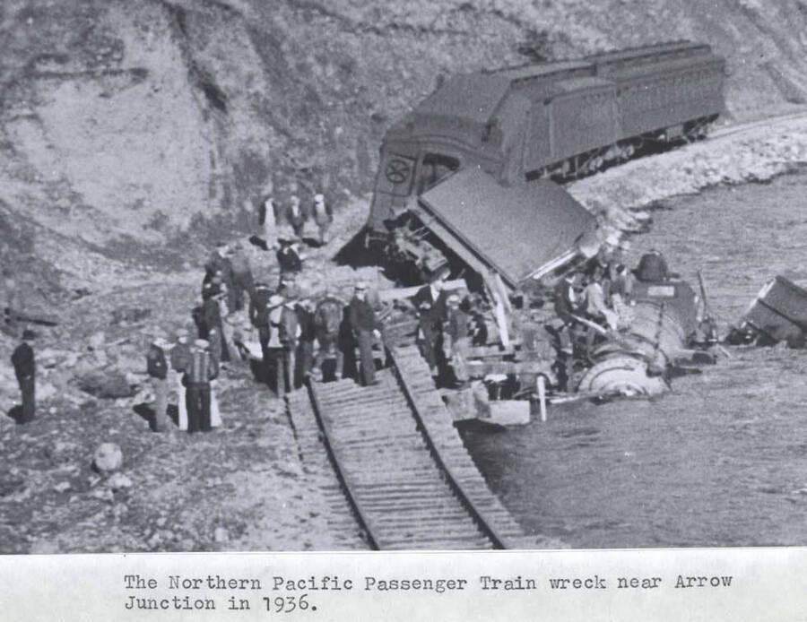 The Northern Pacific [Railroad] passenger train wreck near Arrow Junction in 1936.