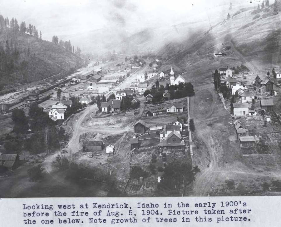 In the early 1900s before the fire of August 5, 1904. Picture taken after the one below [90-4-091]. Note growth of trees in this picture.
