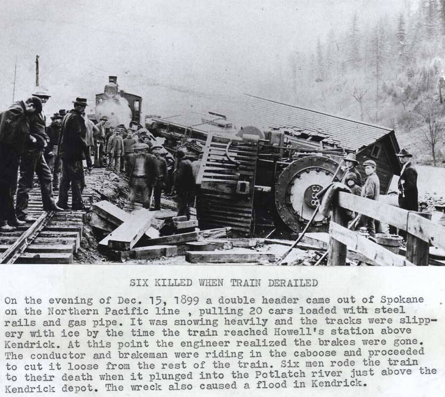 Caption from newspaper?: 'Six killed when train derailed. (See photo for remainder of caption.)