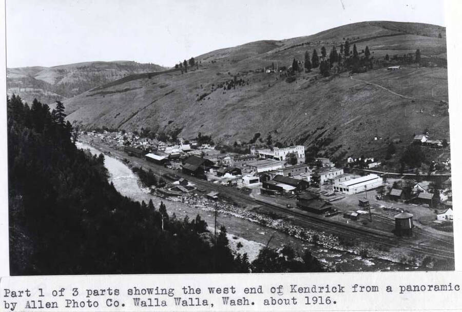 Part 1 of 3 parts showing the west end of Kendrick from a panoramic by Allen Photo Co. Walla Walla, Wash. about 1916.