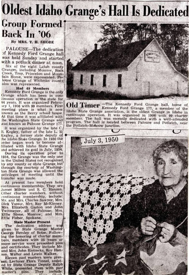 A photo of newspaper article announcing the history and dedication ceremony of the Kennedy Ford Grange Hall