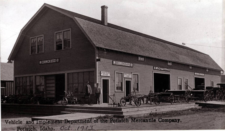 Wording on photo: Vehicle and implement department of the Potlatch Mercantile Company, Potlatch, Idaho. Oct. 1913