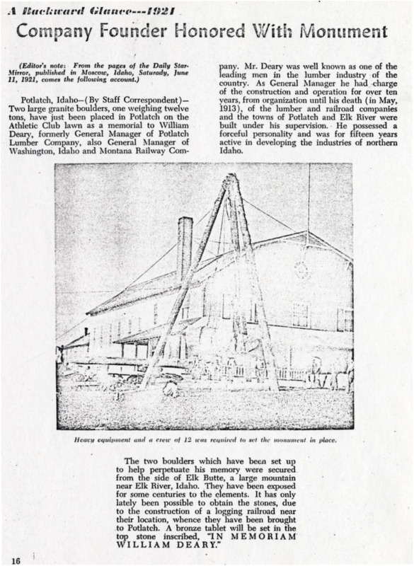 A copy of an article from "Potlatch Story", March 1960, describing the building, dedication, and personal history of a monument of William Deary.