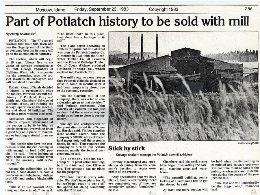 Headline: Part of Potlatch history to be sold with mill (September 23, 1983)