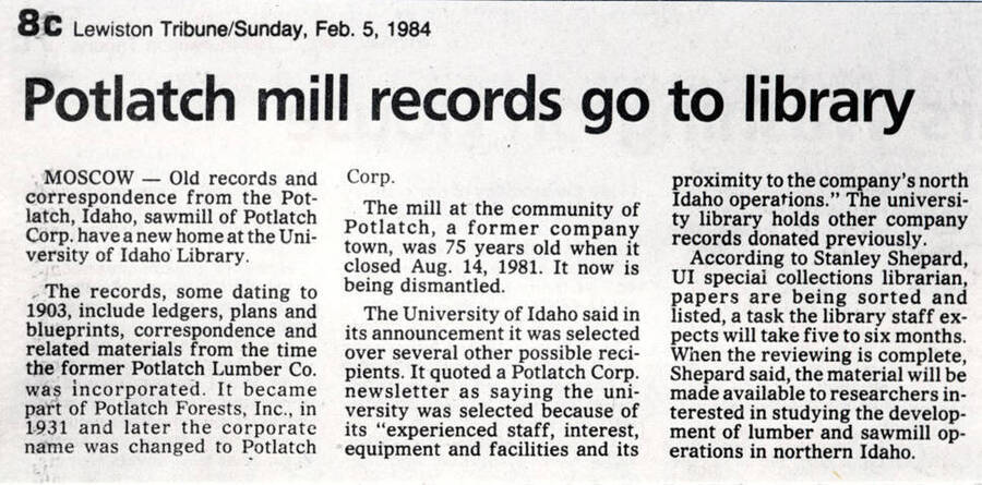 Headline: Potlatch mill records go to library [February 5, 1984]