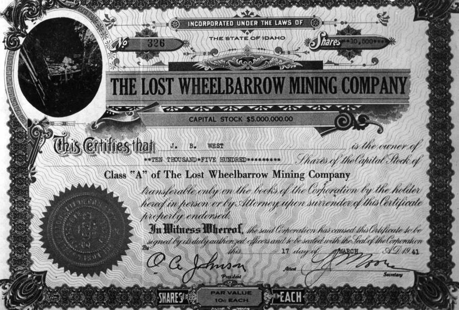 Lost Wheelbarrow Mining Company stock certificate for J.B. West.