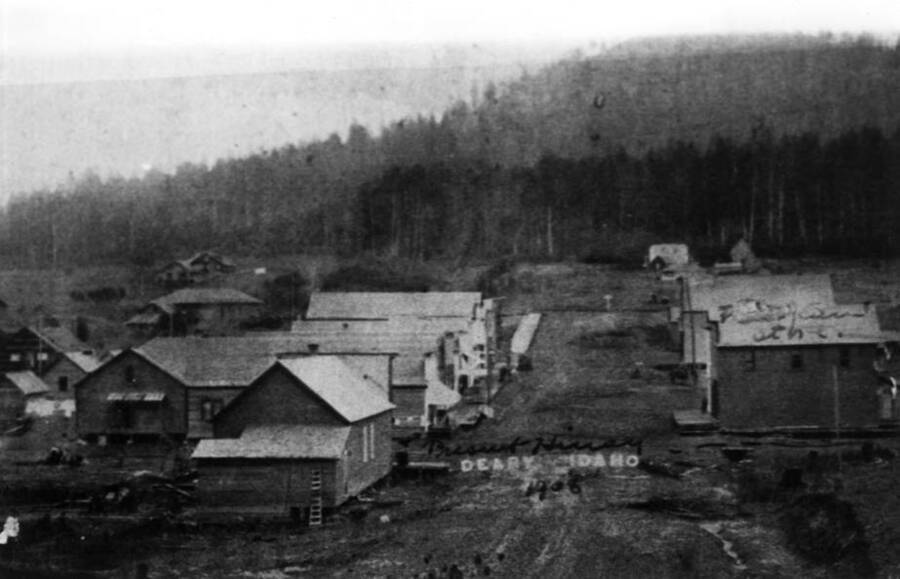 In 1908 with Potato Hill in background. The town owned a gasoline engine drive electric generating plant which was discontinued in 1927 with the coming of electric power from Spokane.