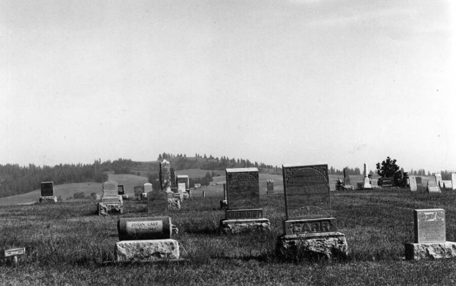 The church and school at Linden (Gold Hill) may be seen on Gold Hill about the center of the picture. The family graves of Kirchknopf and Carr in foreground. Tony Kirchknopf passed away in April 1975.