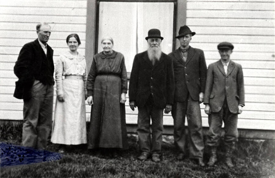 Left to right: Swen Ringsage, Mrs. Swen Ringsage, Mrs. Ivor Swenson, Mr. Ivor Swenson (parents), Simon and Joseph Ringsage. The three sons changed their names from Swenson to Ringsage. Picture early 1900s from Mr. Ringsage.