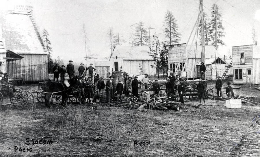 Drilling well for water supply. Building at left livery, feed and sales stable. Photo by F.E. Slocum, photographer Anderson, Idaho. about 1890s. Picture from Harry Schwartz.