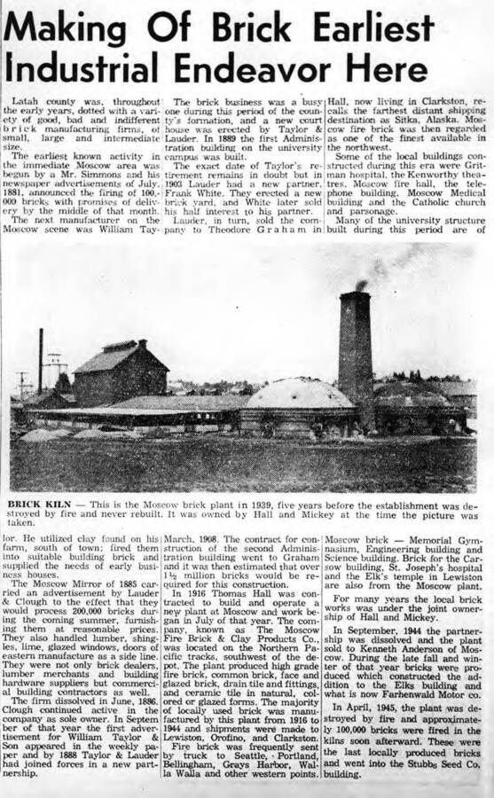 Making of Brick Earliest Industrial Endeavor Here, copy of newspaper article