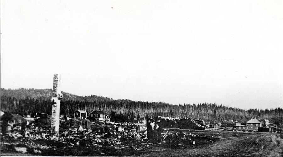 [photo of newspaper photo and caption?] A panorama showing the disaster of Main Street as it appeared on July 4, 1914. Not much stands except a brick chimney. To the right of the chimney is the Harry Roach house and then the Chapin house. Log piles occupy the open area of the St. Germain pasture, and beyond these is the cedar yard. Only half of an original long panorama which scanned from east to south has been reproduced here. The easterly part of the scene has been cropped away, but shows from a different angle in a photo printed on page 97. (?)