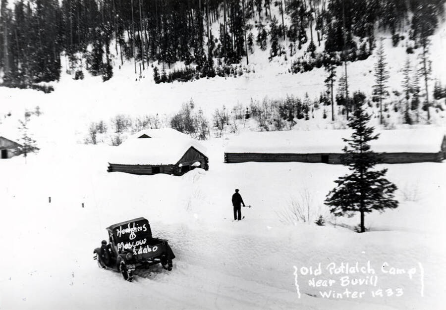 Wording on photo: Old Potlatch camp near Bovill. Winter 1933. Hodgins, Moscow, Idaho.