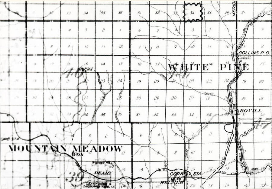 [photo of map section] Copied from Latah County map of 1914 [Latah County Atlas?]. The crooked line circles Section 34, Township 42 north, Range 1 west where the large pine trees were found.
