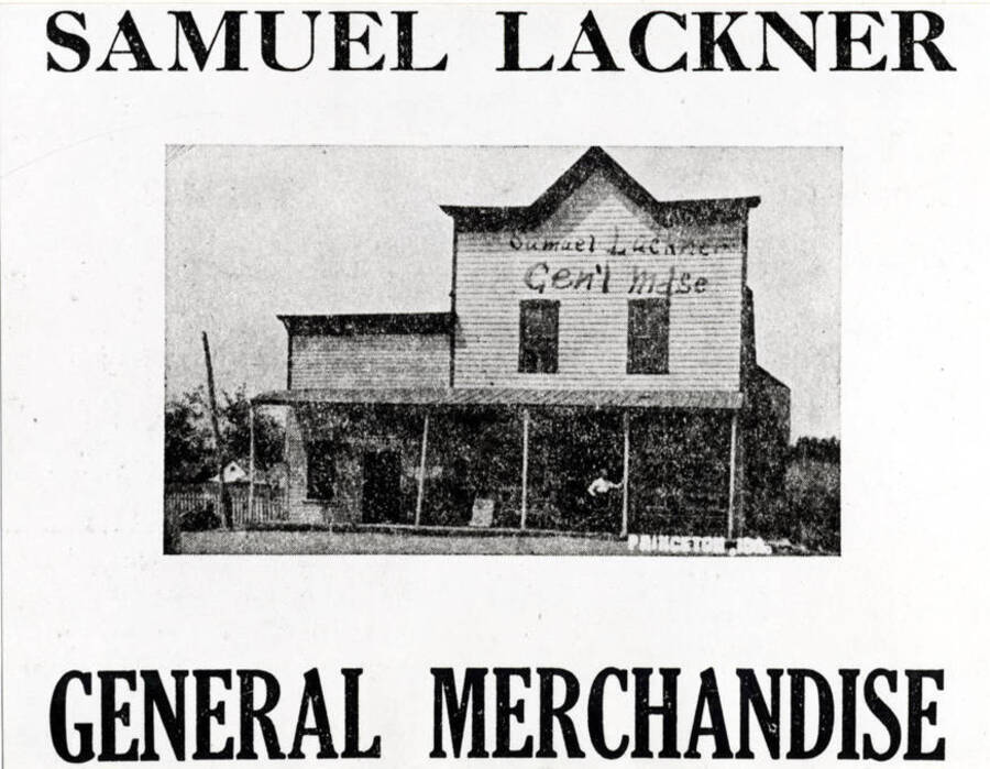 Photo of newspaper advertisement. Wording on image: Samuel Lackner General Merchandise