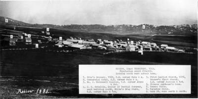 Population about 250-300. Looking southeast across town. 1. Frie's Brewery, 1882, northeast corner of Main and A streets. 2. Commercial Hotel, southeast corner of Main and A streets. 3. William J. McConnell mansion, northeast corner of Adams and Second streets. 4. J.H. McCallie, doctor of dental surgery, next building south, White's Drug Store, northeast corner of Main and First streets. 5. First  Baptist Church, 1876, Moscow's first church. southeast corner of Jackson and First streets. 6. Chinese gardener's home. 7. Tomer's Butte. 8. Paradise Ridge. 9. Main Street runs north and south.