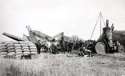 Donkey steam engine powering thresher with a shaft showing from engine to thresher. Near Anatone, Washington. 1906. Courtesy Mr. Welle, Twin Willows Museum, Washington.