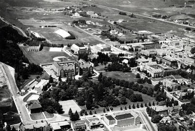 Looking northwest at the University of Idaho campus in 1959. Photograph taken by Hodgins photo.