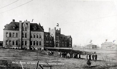 University of Idaho campus in 1913. 1- School of Mines, 1902; 2- Administration Building, 1907-08; 3- Mines Building; 4- Morrill Hall, 1906; 5- Geology Building.
